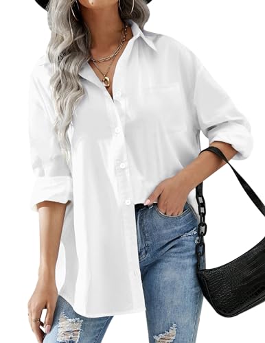 HOTOUCH Womens White Button Up Shirt Office Dress Loose Drop Shoulder Blouse with Pockets White, Medium, Long Sleeve - Image 1
