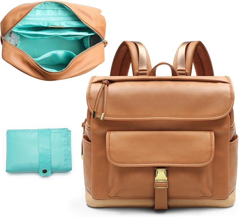 MOMINSIDE Small Diaper Bag Backpack, 12 Pockets Leather Mini Diaper Bag - Image 1