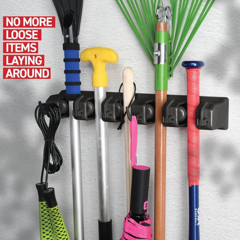 Home-it Mop and Broom Holder Wall Mount - Garage Storage Organizer with 5 Slots, 6 Hooks, 7.5lbs Capacity Per Slot - Home, Kitchen, Closet, Garden Tools, Laundry Room Organization â€“ Black Broom Hanger - Image 4