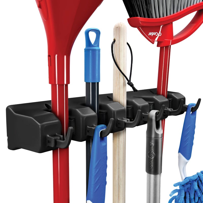 Home-it Mop and Broom Holder Wall Mount - Garage Storage Organizer with 5 Slots, 6 Hooks, 7.5lbs Capacity Per Slot - Home, Kitchen, Closet, Garden Tools, Laundry Room Organization â€“ Black Broom Hanger - Image 1