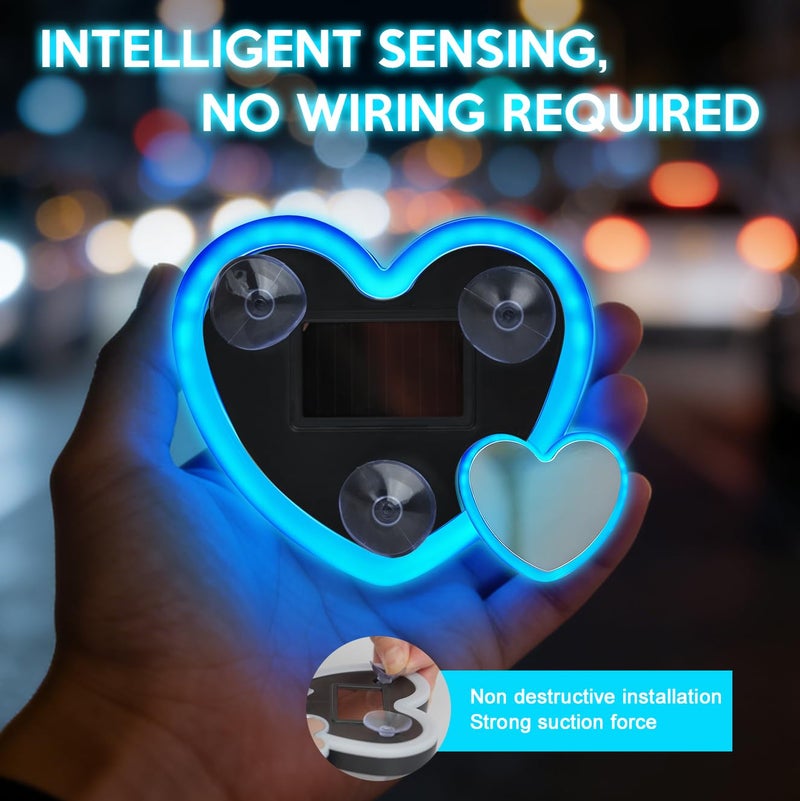 Aikertec Valentines Day Decorations 2PCS Solar Heart Lights for Car - Auto On/Off at Night, No Wiring Needed, Waterproof Romantic Gift for Her/Him, Windshield Dashboard Decoration (Blue) - Image 3