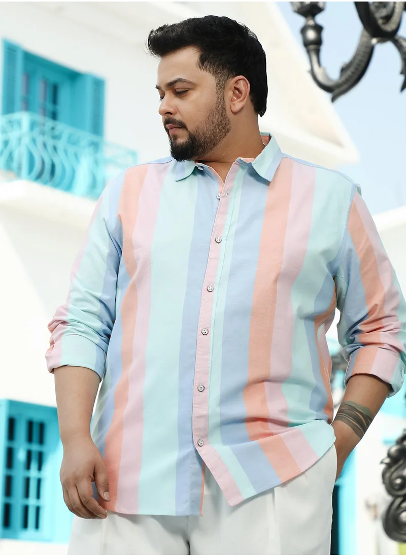 انستافاب بلس Instafab Plus Men's Rouge Pink & Baby Blue Roman Striped Shirt For Casual Wear | Spread Collar | Long Cuffed Sleeves | Button Closure | Plus Size Shirt Crafted With Comfort Fit For Everyday Wear