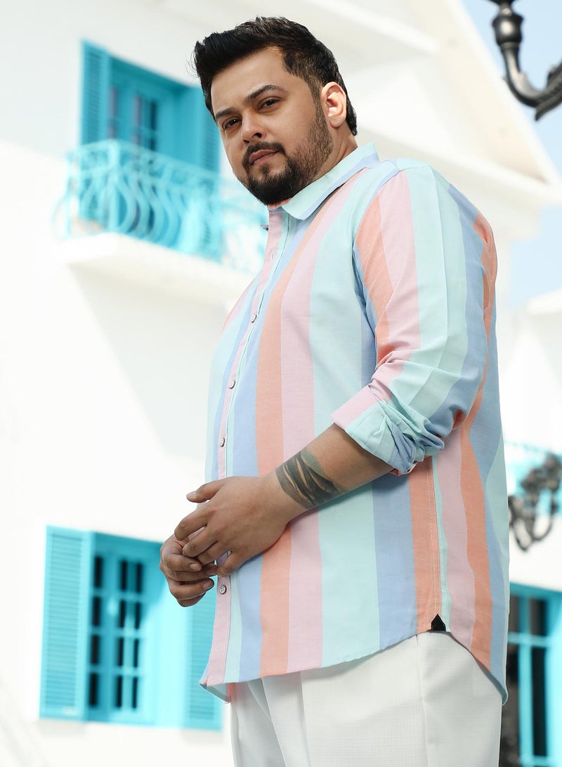Instafab Plus Instafab Plus Men's Rouge Pink & Baby Blue Roman Striped Shirt For Casual Wear | Spread Collar | Long Cuffed Sleeves | Button Closure | Plus Size Shirt Crafted With Comfort Fit For Everyday Wear - Image 3