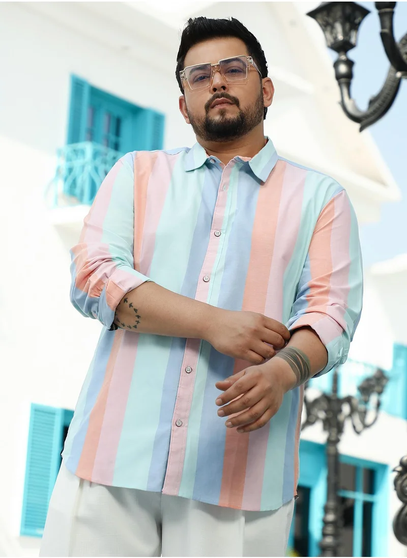 انستافاب بلس Instafab Plus Men's Rouge Pink & Baby Blue Roman Striped Shirt For Casual Wear | Spread Collar | Long Cuffed Sleeves | Button Closure | Plus Size Shirt Crafted With Comfort Fit For Everyday Wear