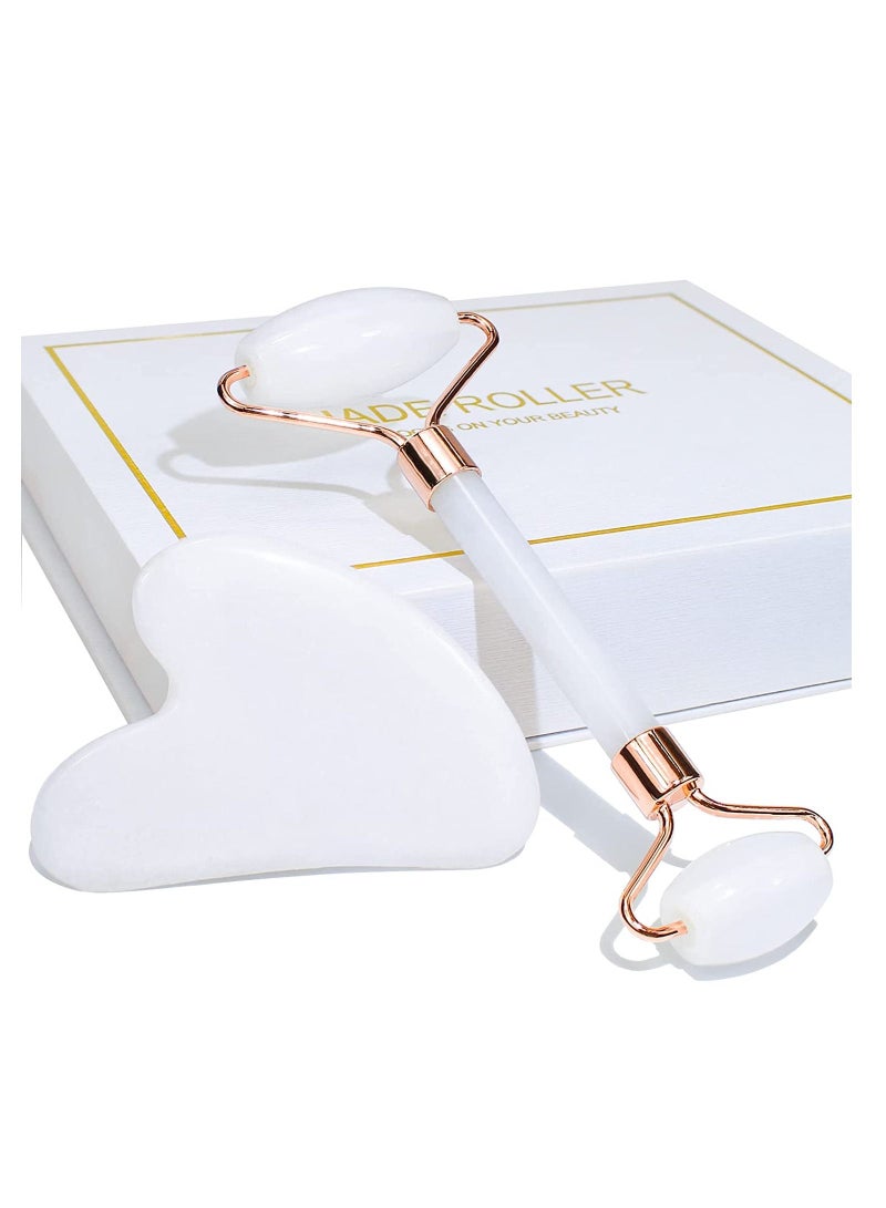 BAIMEI Face roller set jade facial roller beauty massage tool for face neck and body muscle relaxing relieve fine lines and wrinkles white - Image 1