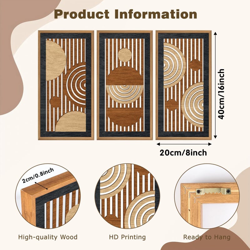 IARTTOP 3Pcs Mid Century Modern Wall Decor Framed Geometric Wood Wall Art Set Minimalist Abstract Line Panel Hanging Decor for Living Room Bedroom Office 8 x 16 Inch - Image 3