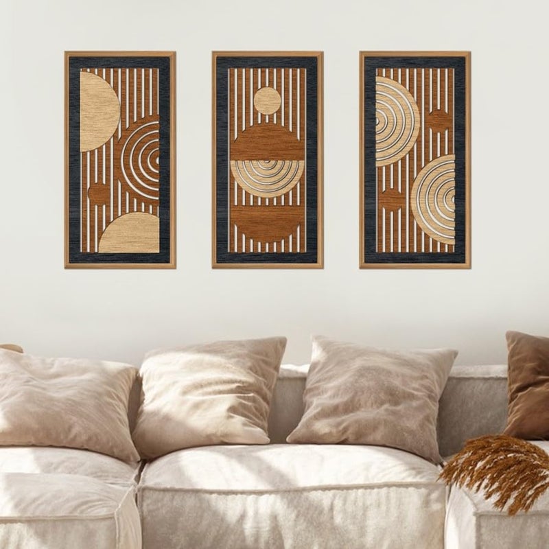 IARTTOP 3Pcs Mid Century Modern Wall Decor Framed Geometric Wood Wall Art Set Minimalist Abstract Line Panel Hanging Decor for Living Room Bedroom Office 8 x 16 Inch - Image 2