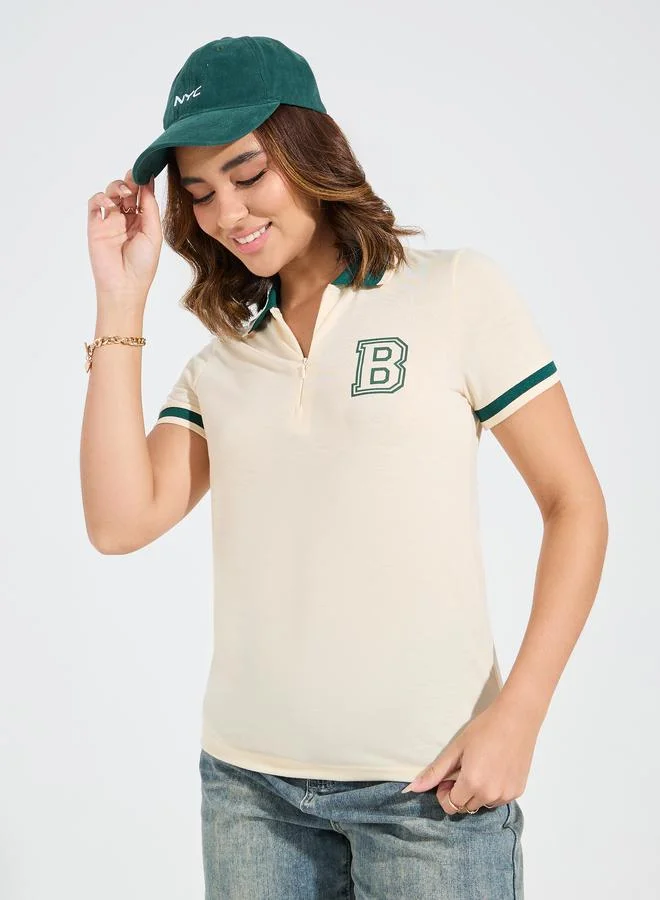 Styli Styli Regular Fit Contrast Tip Rib Printed Polo T-Shirt