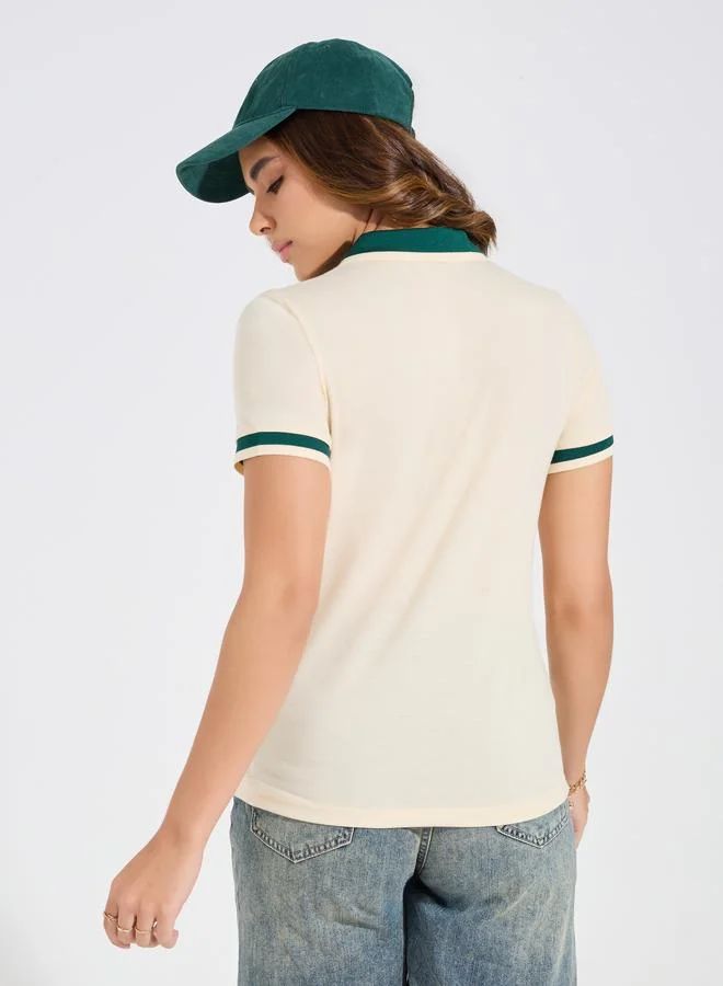 Styli Styli Regular Fit Contrast Tip Rib Printed Polo T-Shirt