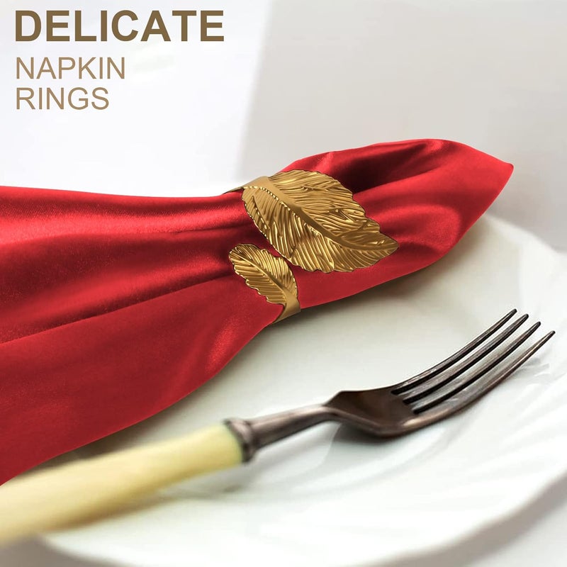 VIJIV 12 Pack Cloth Napkins and Gold Napkin Rings Set of 6 17x17 Square Satin Dinner Table Napkins Rings Leaf Personalized Napkins Bridal Shower Napkins for Wedding Reception Party Decorative - Image 5