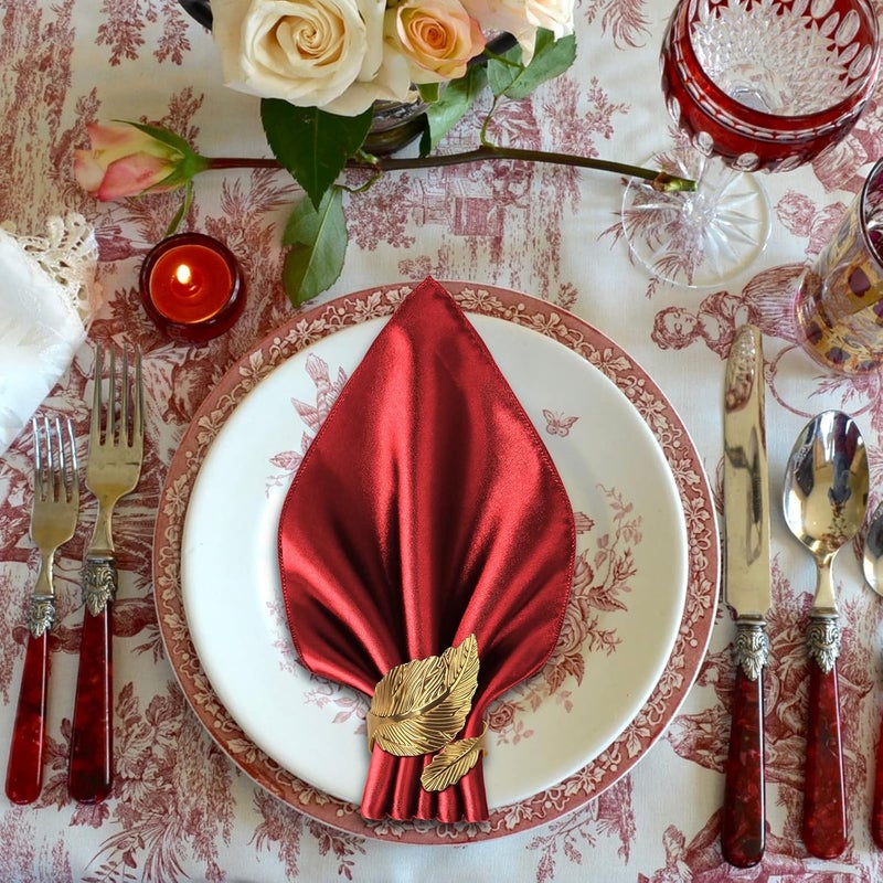 VIJIV 12 Pack Cloth Napkins and Gold Napkin Rings Set of 6 17x17 Square Satin Dinner Table Napkins Rings Leaf Personalized Napkins Bridal Shower Napkins for Wedding Reception Party Decorative - Image 4