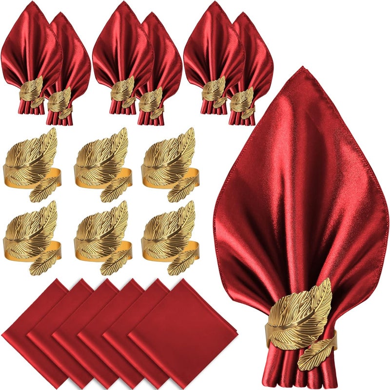 VIJIV 12 Pack Cloth Napkins and Gold Napkin Rings Set of 6 17x17 Square Satin Dinner Table Napkins Rings Leaf Personalized Napkins Bridal Shower Napkins for Wedding Reception Party Decorative - Image 1