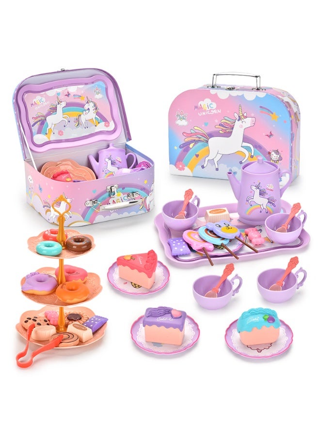 Unicorn Tea Party Set for Little Girls, Pretend Plastic Teapot Set, Princess Tea Time Play Kitchen Toy with Dessert, Carrying Case for Birthday Easter Gifts Kids Toddlers Age 3 4 5 6 - Image 1