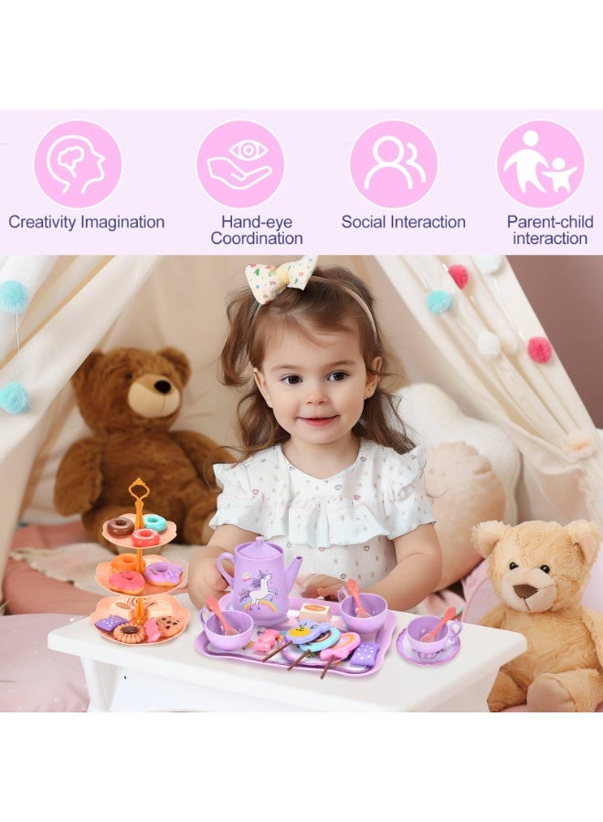 Unicorn Tea Party Set for Little Girls, Pretend Plastic Teapot Set, Princess Tea Time Play Kitchen Toy with Dessert, Carrying Case for Birthday Easter Gifts Kids Toddlers Age 3 4 5 6 - Image 4