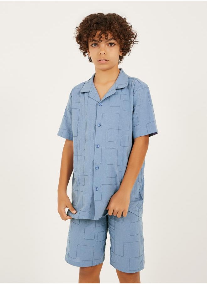 Styli - Embroidered Collared Shirt Sleeve Shirt and Shorts Set - Image 1