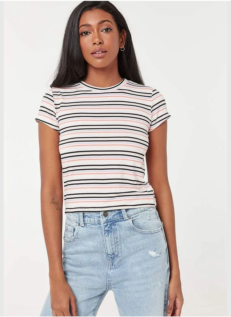 Ardene Striped Crew Neck Short Sleeve T-Shirt