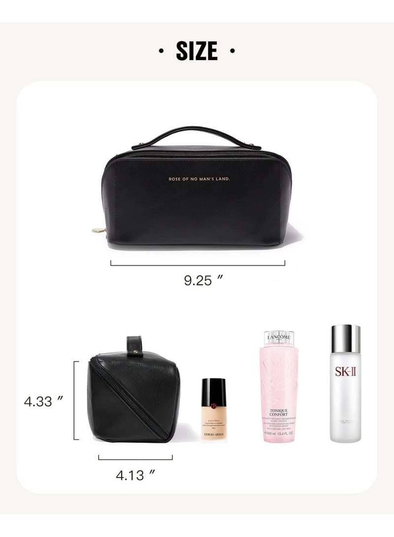 حقيبة مكياج للسفر، حقائب مستحضرات تجميل كبيرة السعة للنساء، حقيبة جلدية مقاومة للماء محمولة، حقيبة أدوات تجميل مفتوحة مسطحة، منظم مكياج، حقيبة منظم للحمام والاستحمام (أسود) - Image 3