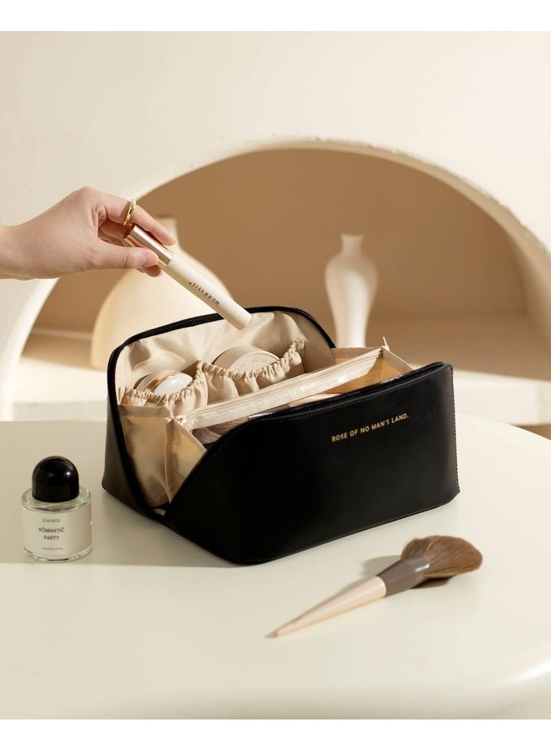 حقيبة مكياج للسفر، حقائب مستحضرات تجميل كبيرة السعة للنساء، حقيبة جلدية مقاومة للماء محمولة، حقيبة أدوات تجميل مفتوحة مسطحة، منظم مكياج، حقيبة منظم للحمام والاستحمام (أسود) - Image 4