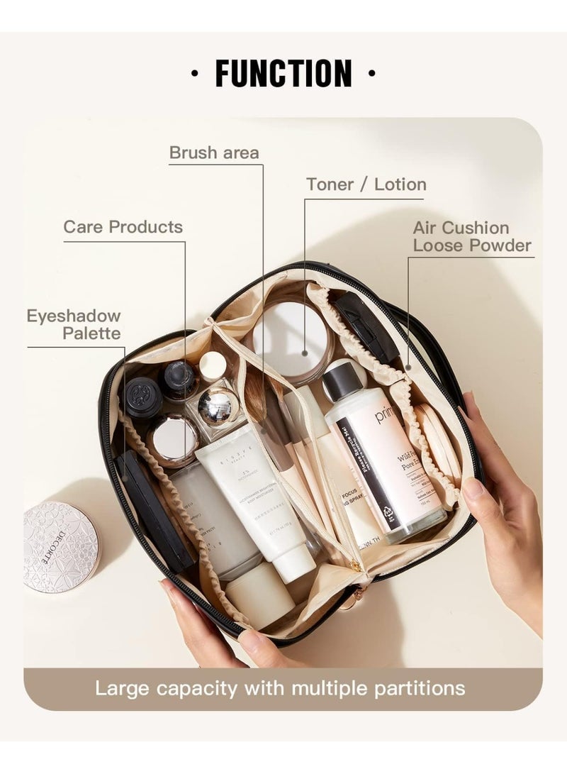 حقيبة مكياج للسفر، حقائب مستحضرات تجميل كبيرة السعة للنساء، حقيبة جلدية مقاومة للماء محمولة، حقيبة أدوات تجميل مفتوحة مسطحة، منظم مكياج، حقيبة منظم للحمام والاستحمام (أسود) - Image 5
