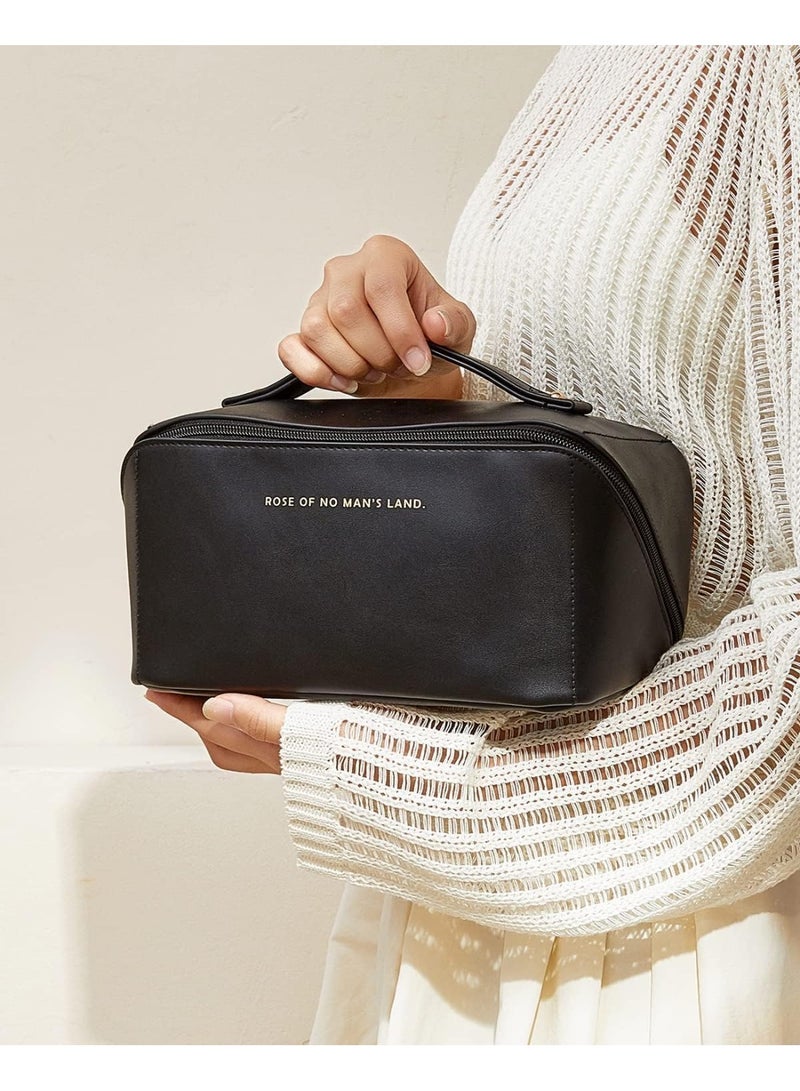 حقيبة مكياج للسفر، حقائب مستحضرات تجميل كبيرة السعة للنساء، حقيبة جلدية مقاومة للماء محمولة، حقيبة أدوات تجميل مفتوحة مسطحة، منظم مكياج، حقيبة منظم للحمام والاستحمام (أسود) - Image 2