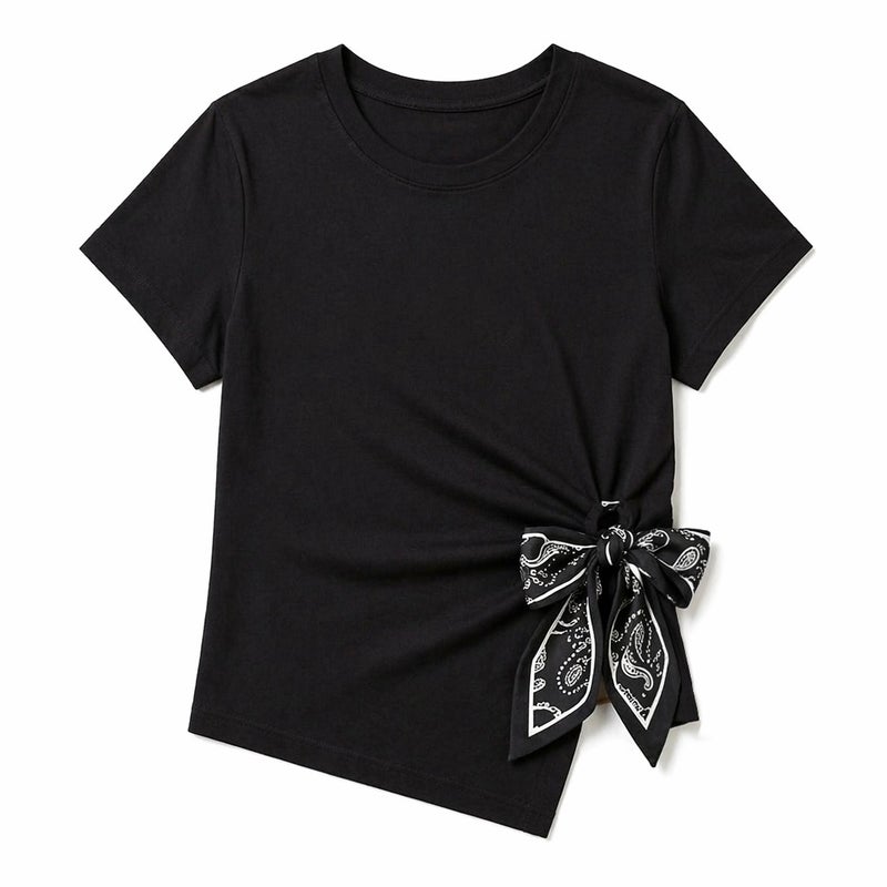 Women's Irregular Waist Tie Short Sleeve T-Shirt Black Plus Size Slim Fit Summer - Image 5