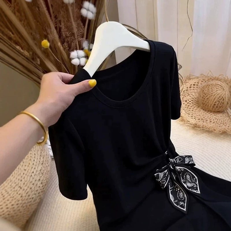 Women's Irregular Waist Tie Short Sleeve T-Shirt Black Plus Size Slim Fit Summer - Image 4