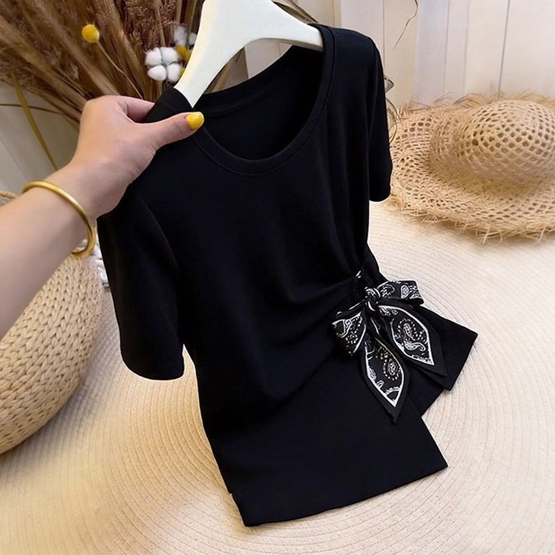 Women's Irregular Waist Tie Short Sleeve T-Shirt Black Plus Size Slim Fit Summer - Image 1