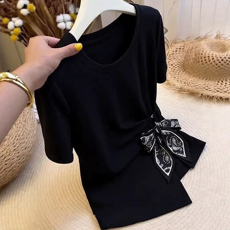 Women's Irregular Waist Tie Short Sleeve T-Shirt Black Plus Size Slim Fit Summer - Image 3