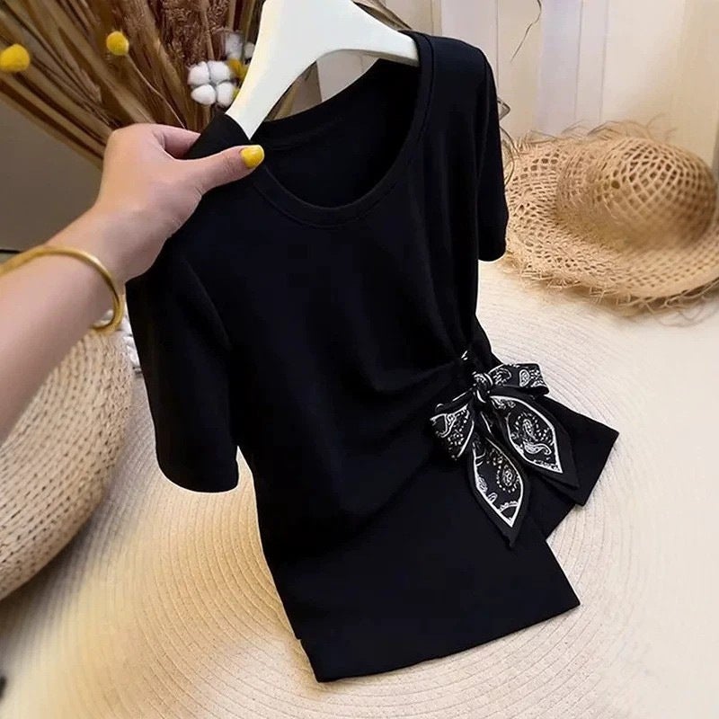 Women's Irregular Waist Tie Short Sleeve T-Shirt Black Plus Size Slim Fit Summer - Image 2
