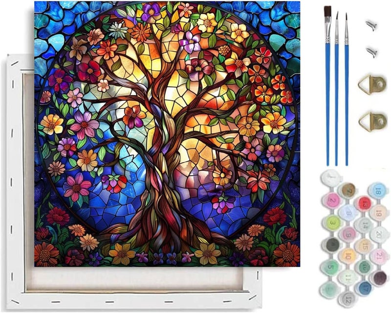 VIGEGU Tree of Life Paint by Numbers Kit for Adults Beginner with Framed,Easy Adult Paint by Number Kits on Canvas DIY Painting for Beginners Art by Numbers for Home Wall Decor 10x10 Inch - Image 1