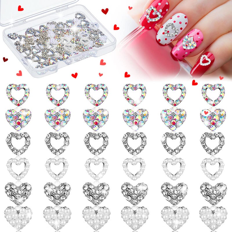 Leelosp Leelosp 36 Pcs Heart Nail Charms for Nail Art 3D Heart Rhinestone Decals Silver Crystal Charms Diamond Alloy Gems for Women Valentines Decorations 
