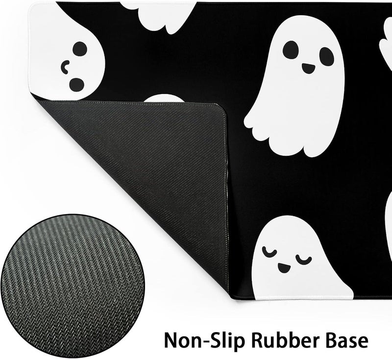 aportt Halloween Cute Ghost Mouse Pad Kawaii Cartoon Spooky Funny Spirit Extended Desk Mat Non-Slip Rubber Base Stitched Edge Large XL Black White Mousepad for Desk Gaming Laptop Desktop,31.5×11.8 Inch - Image 3