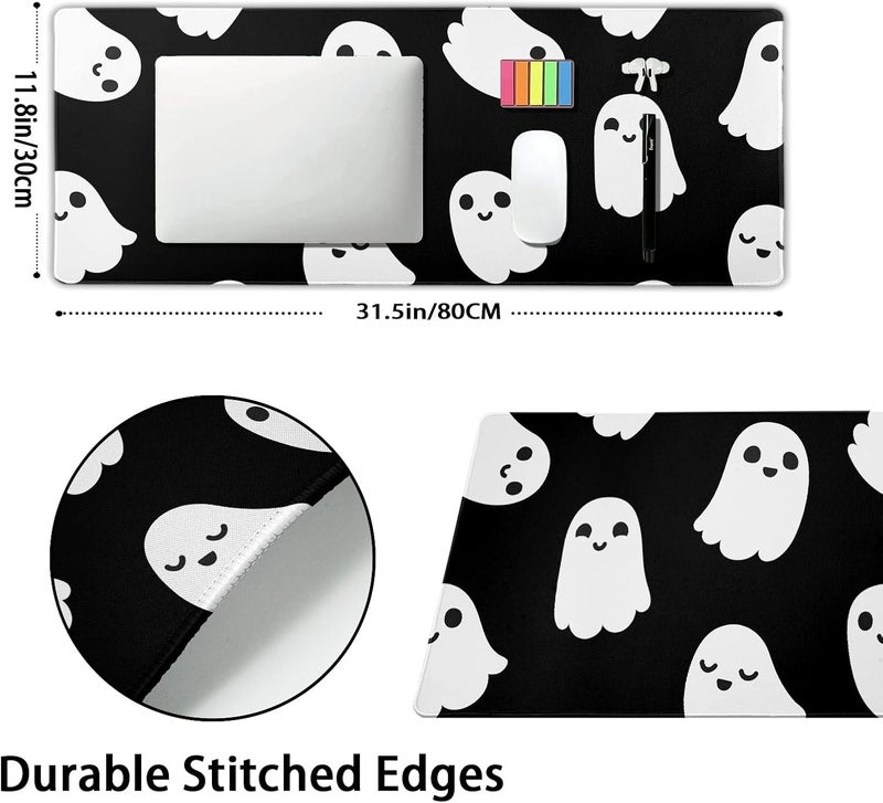 aportt Halloween Cute Ghost Mouse Pad Kawaii Cartoon Spooky Funny Spirit Extended Desk Mat Non-Slip Rubber Base Stitched Edge Large XL Black White Mousepad for Desk Gaming Laptop Desktop,31.5×11.8 Inch - Image 2
