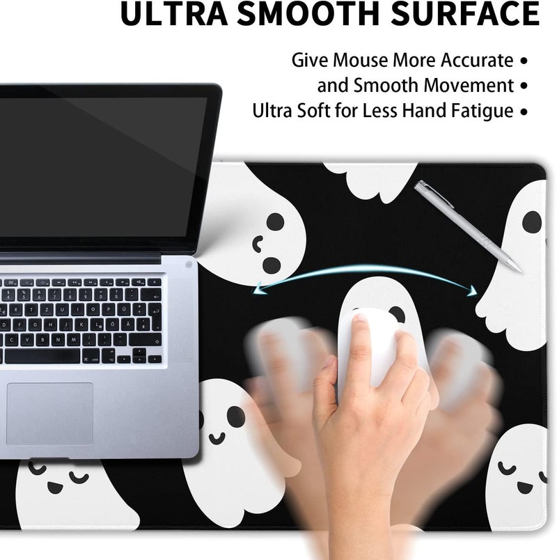 aportt Halloween Cute Ghost Mouse Pad Kawaii Cartoon Spooky Funny Spirit Extended Desk Mat Non-Slip Rubber Base Stitched Edge Large XL Black White Mousepad for Desk Gaming Laptop Desktop,31.5×11.8 Inch - Image 4