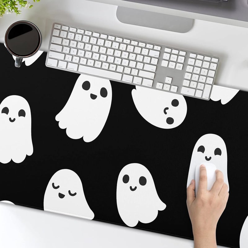 aportt Halloween Cute Ghost Mouse Pad Kawaii Cartoon Spooky Funny Spirit Extended Desk Mat Non-Slip Rubber Base Stitched Edge Large XL Black White Mousepad for Desk Gaming Laptop Desktop,31.5×11.8 Inch - Image 5