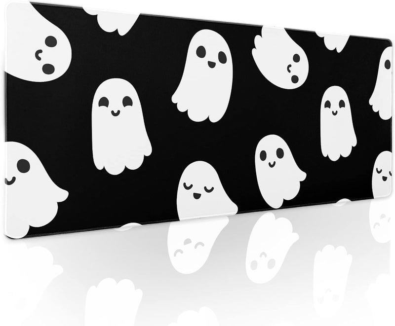 aportt Halloween Cute Ghost Mouse Pad Kawaii Cartoon Spooky Funny Spirit Extended Desk Mat Non-Slip Rubber Base Stitched Edge Large XL Black White Mousepad for Desk Gaming Laptop Desktop,31.5×11.8 Inch - Image 1