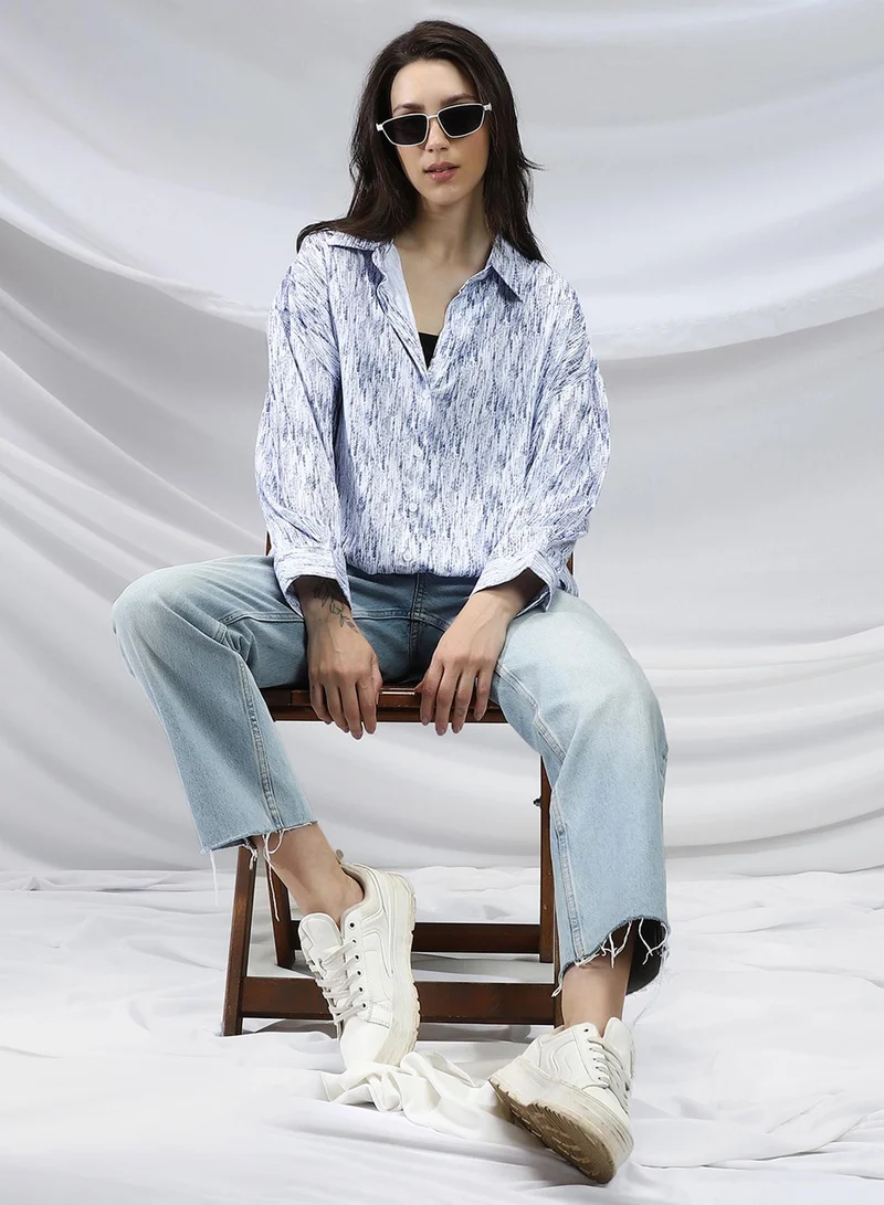 PINACOLADA PINACOLADA Women's Cream White & Navy Blue Contrast Grazed Relaxed Shirt For Casual Wear | Spread Collar | Long Cuffed Sleeves | Button Closure | Shirt Crafted With Comfort Fit For Everyday Wear