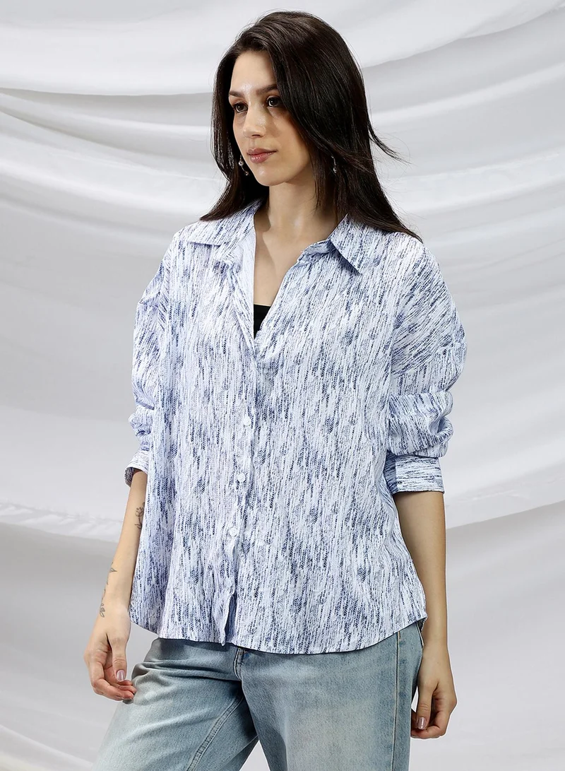 PINACOLADA PINACOLADA Women's Cream White & Navy Blue Contrast Grazed Relaxed Shirt For Casual Wear | Spread Collar | Long Cuffed Sleeves | Button Closure | Shirt Crafted With Comfort Fit For Everyday Wear