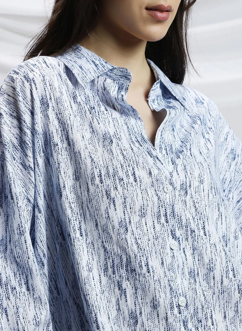 PINACOLADA PINACOLADA Women's Cream White & Navy Blue Contrast Grazed Relaxed Shirt For Casual Wear | Spread Collar | Long Cuffed Sleeves | Button Closure | Shirt Crafted With Comfort Fit For Everyday Wear