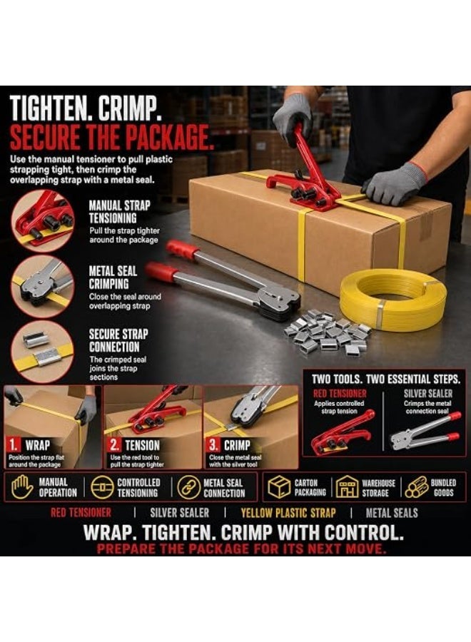 5/8-Inch PVC Strapping Tool Kit for Box Packing, Manual Strap Tensioner and Sealer Set with Yellow Plastic Banding Roll and Metal Seals for Cartons - Image 5