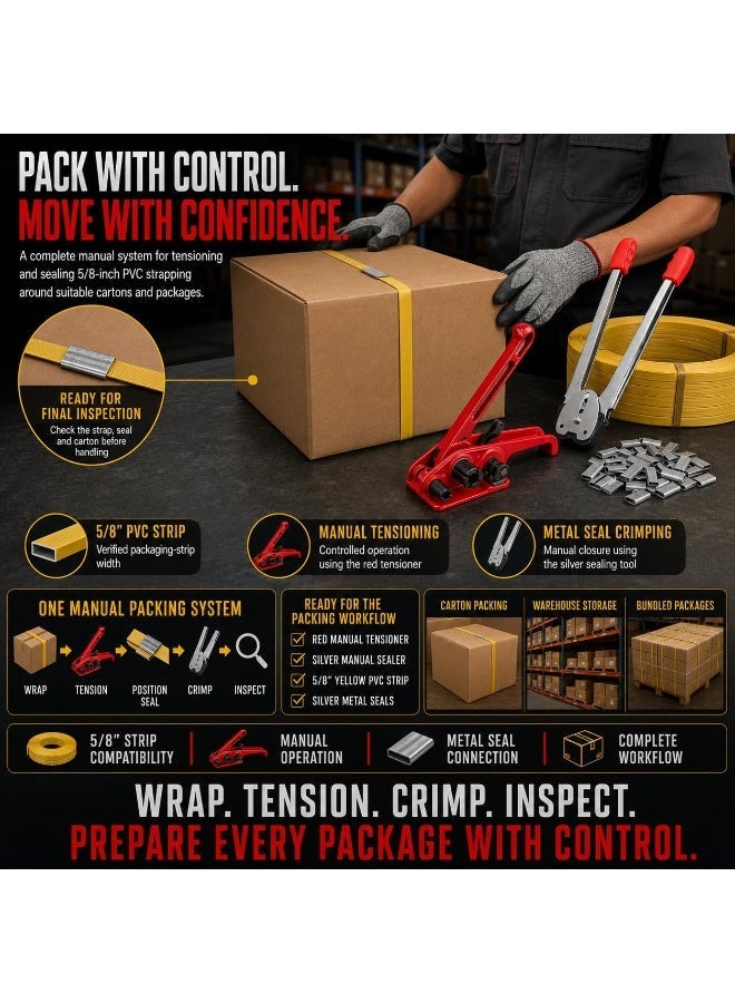 5/8-Inch PVC Strapping Tool Kit for Box Packing, Manual Strap Tensioner and Sealer Set with Yellow Plastic Banding Roll and Metal Seals for Cartons - Image 2