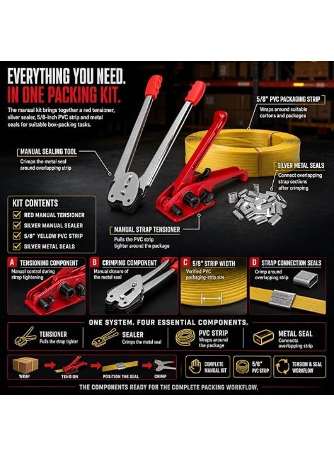 5/8-Inch PVC Strapping Tool Kit for Box Packing, Manual Strap Tensioner and Sealer Set with Yellow Plastic Banding Roll and Metal Seals for Cartons - Image 3
