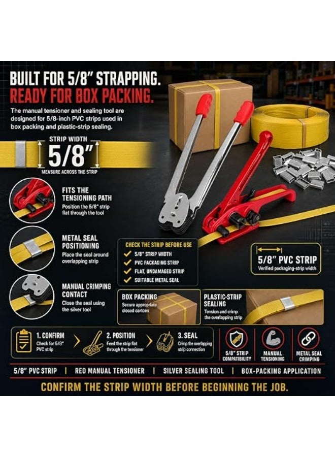 5/8-Inch PVC Strapping Tool Kit for Box Packing, Manual Strap Tensioner and Sealer Set with Yellow Plastic Banding Roll and Metal Seals for Cartons - Image 4