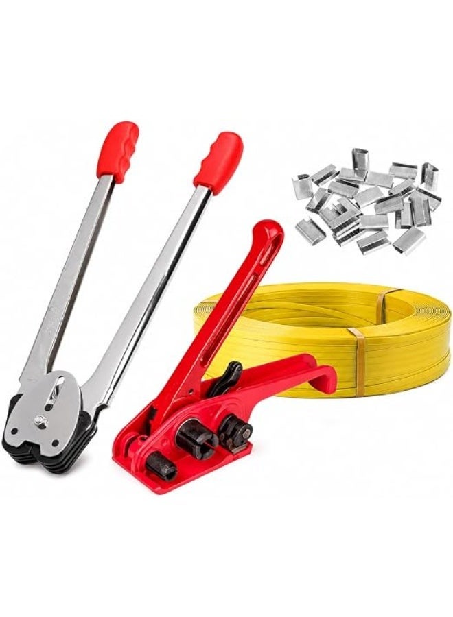 5/8-Inch PVC Strapping Tool Kit for Box Packing, Manual Strap Tensioner and Sealer Set with Yellow Plastic Banding Roll and Metal Seals for Cartons - Image 1