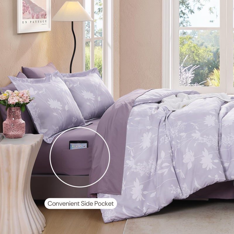 BLOOMHAVEN Queen Comforter Set -7 Pieces Floral Purple Comforter Set for All Seasons, Bed in a Bag Queen with Botanical Flowers Comforter, Sheets, Pillowcases & Shams - Image 2
