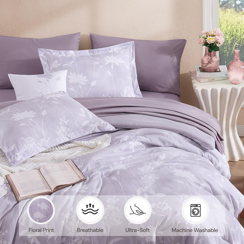 BLOOMHAVEN Queen Comforter Set -7 Pieces Floral Purple Comforter Set for All Seasons, Bed in a Bag Queen with Botanical Flowers Comforter, Sheets, Pillowcases & Shams - Image 3
