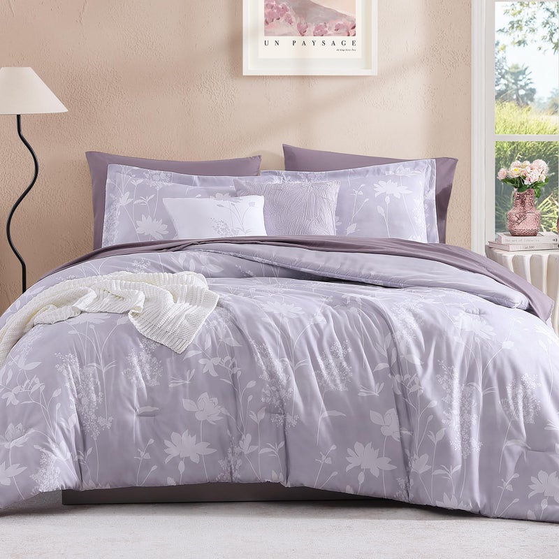 BLOOMHAVEN Queen Comforter Set -7 Pieces Floral Purple Comforter Set for All Seasons, Bed in a Bag Queen with Botanical Flowers Comforter, Sheets, Pillowcases & Shams - Image 1