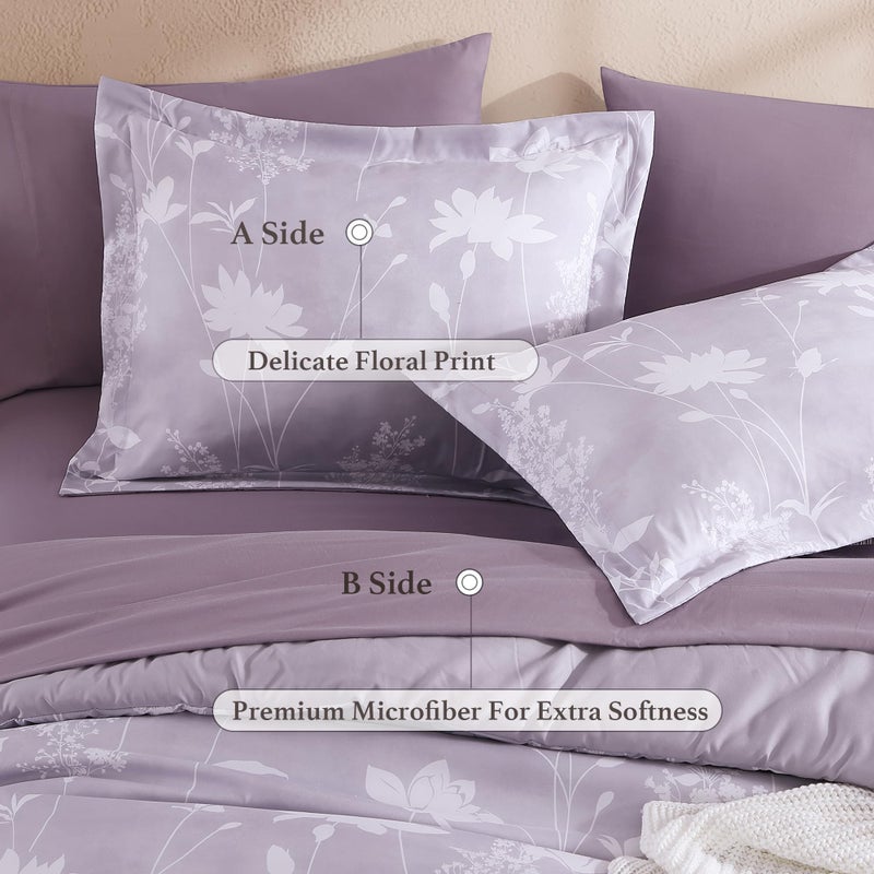 BLOOMHAVEN Queen Comforter Set -7 Pieces Floral Purple Comforter Set for All Seasons, Bed in a Bag Queen with Botanical Flowers Comforter, Sheets, Pillowcases & Shams - Image 4