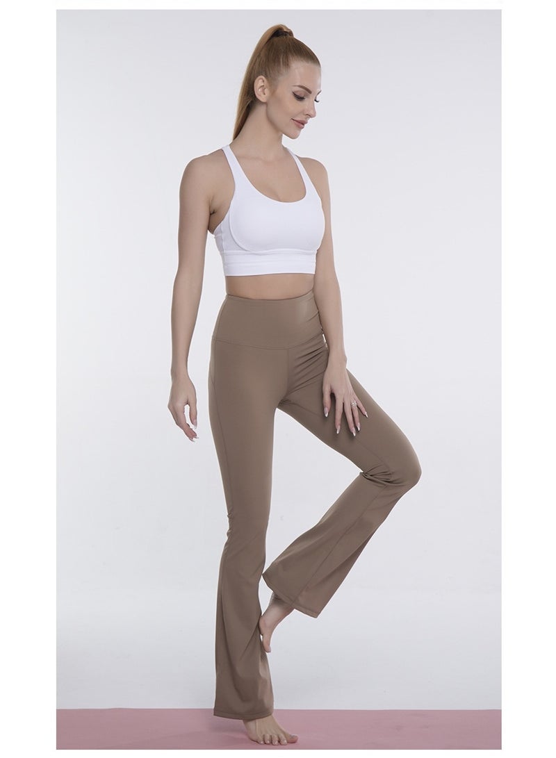 Womens Solid Pattern High waisted Flare Leggings Yoga Pants Brown - Image 1