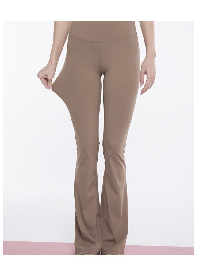 Womens Solid Pattern High waisted Flare Leggings Yoga Pants Brown - Image 3